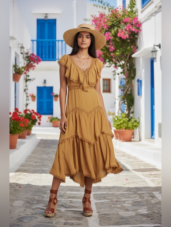 Anthropologie Dresses & Skirts - Anthropologie|Golden Mustard Ruffle Boho Midi Dress | Romantic Flowy | Med & Lg